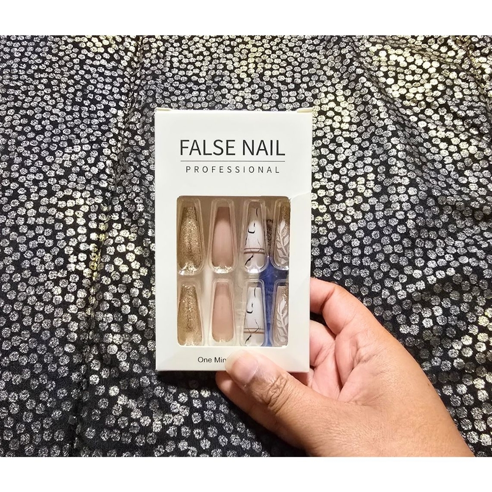 Pink, Gold, And White False Nails